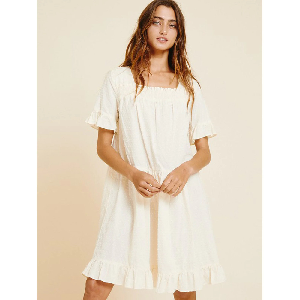 White Ivory Smocked Square Neck Ruffle Hem Dress